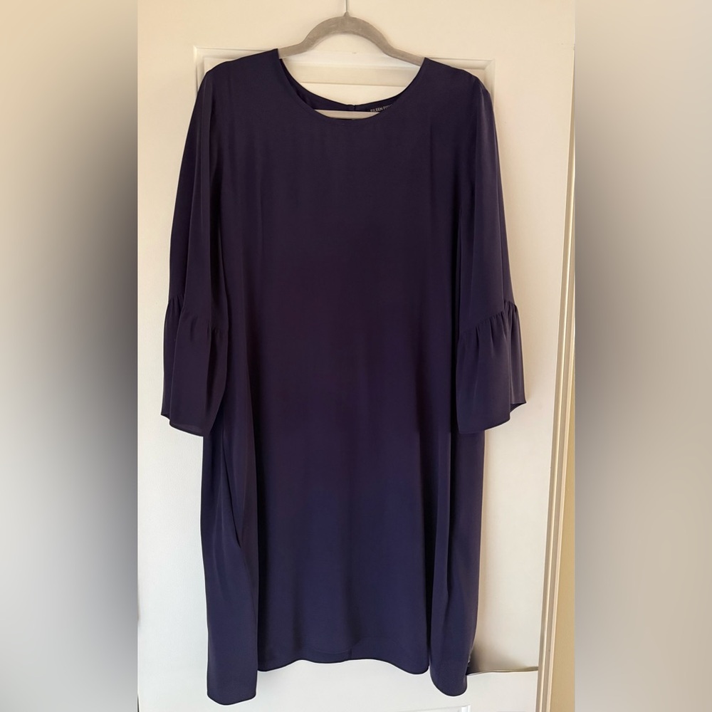 Eileen Fisher 100% Silk Shift Dress Navy M Lantern Sleeve Minimalist